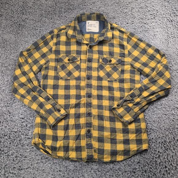American Eagle Shirt Men Large Yellow Blue Flannel Lumberjack Check Casual Plaid - Picture 1 of 6